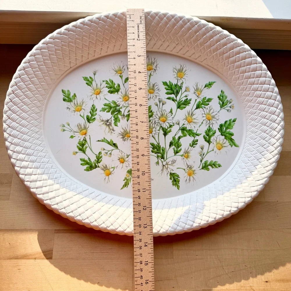 Vintage 90s Daisy Serving Platter Lg Oval Tray White Basketweave Border Melamine